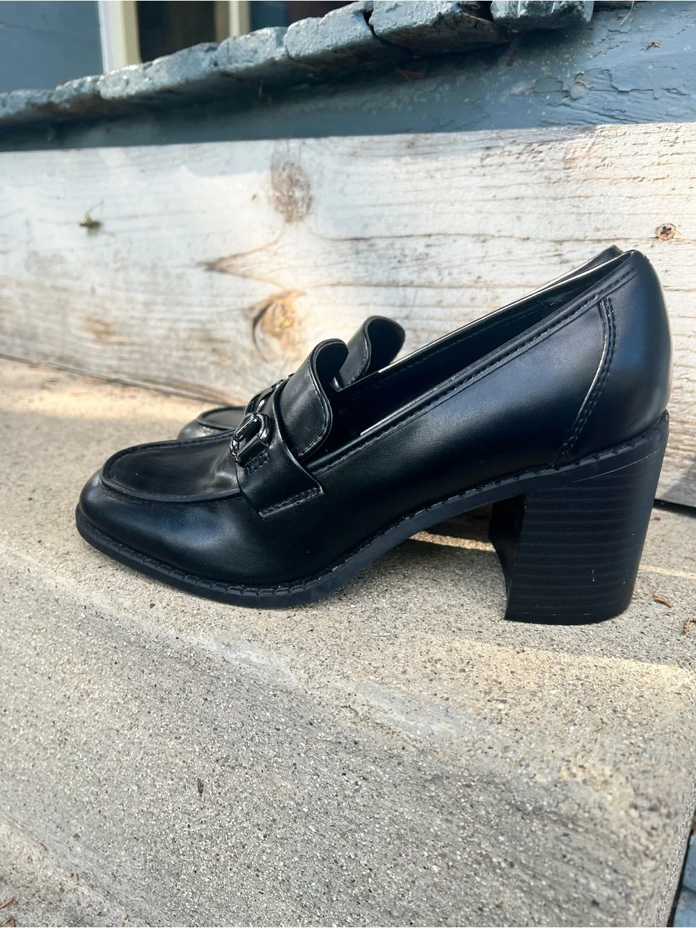 Marc Fisher Black Horsebit Heeled Chunky Block Loafers Preppy Casual Career 7M